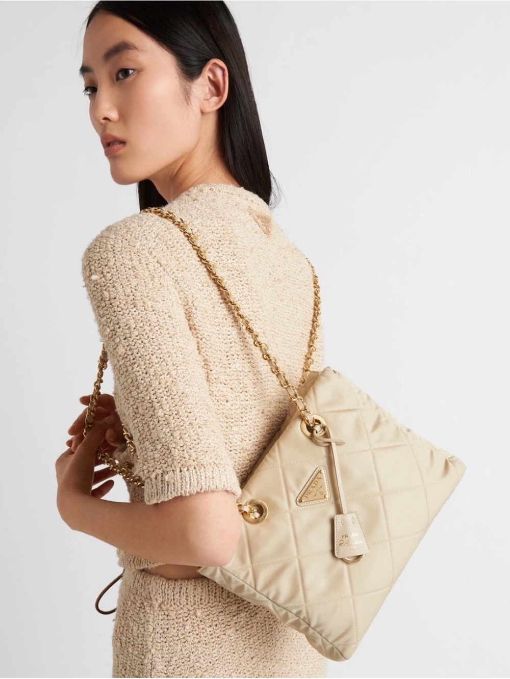 Prada Re-edition Chain Tote Quilted Re-nylon Small Desert Beige